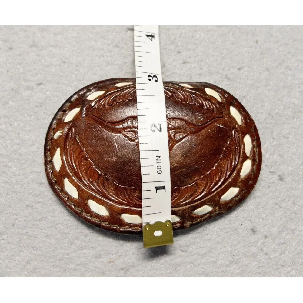 Leather Tooled Western Belt‎ Buckle Long Horn Rodeo Cowboy